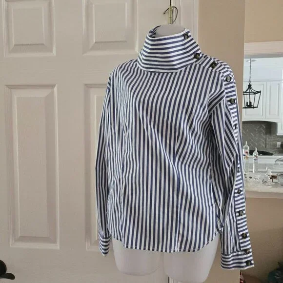 Veronica Beard Fauri Striped Off-The-Shoulder Long Sleeve Shirt Size 4 - Picture 5 of 16